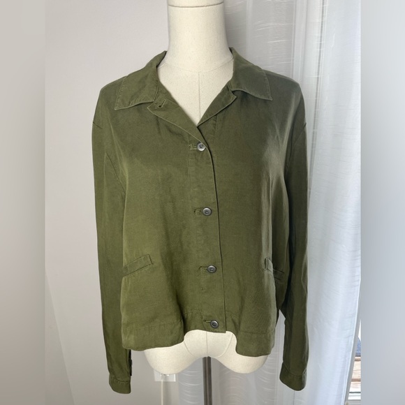 Eileen Fisher Linen Blend Cropped Lightweight Jacket Olive Green Size Medium - Picture 3 of 10